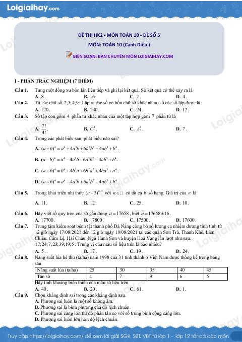 Đề kiểm tra học kì 2 Toán 10 - Đề số 5 - Cánh diều